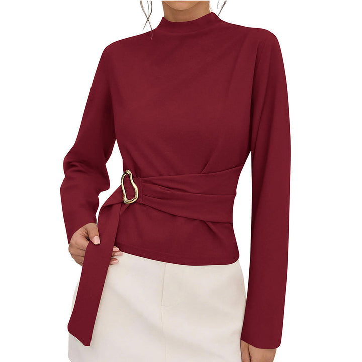 Women Office Solid Color Long Sleeve Belt Buckle Decorative Top