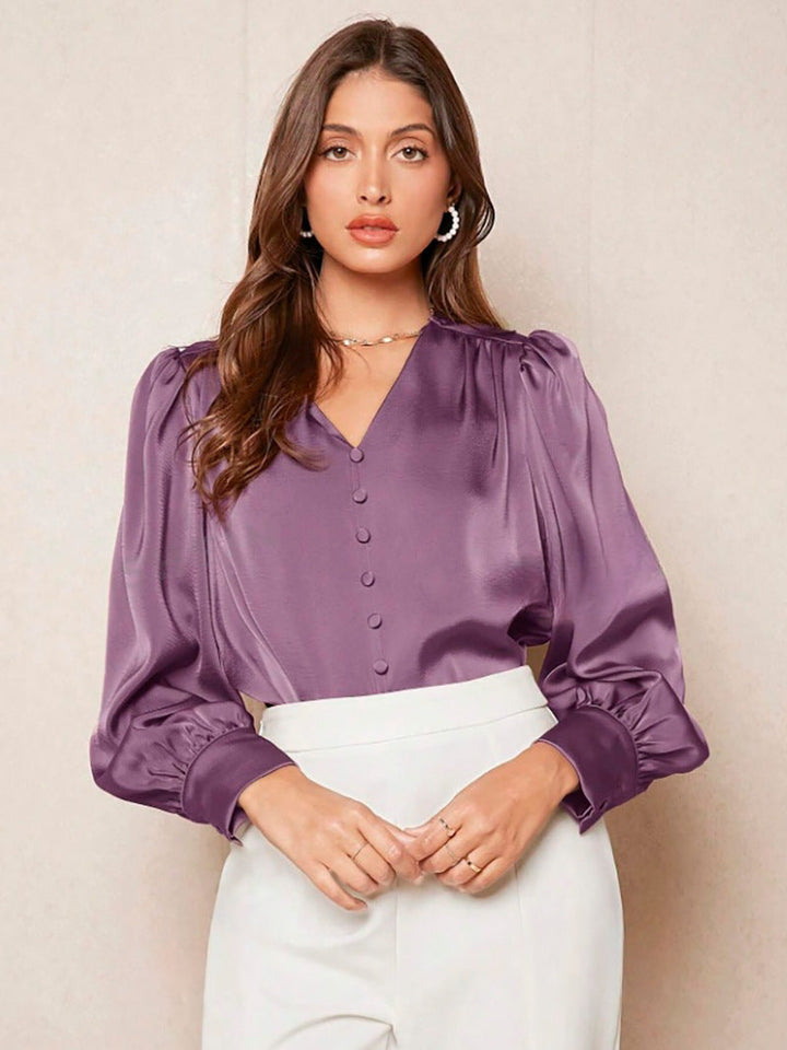 V neck Pullover Top Shirt Women Satin Office Top Women Clothing Direct