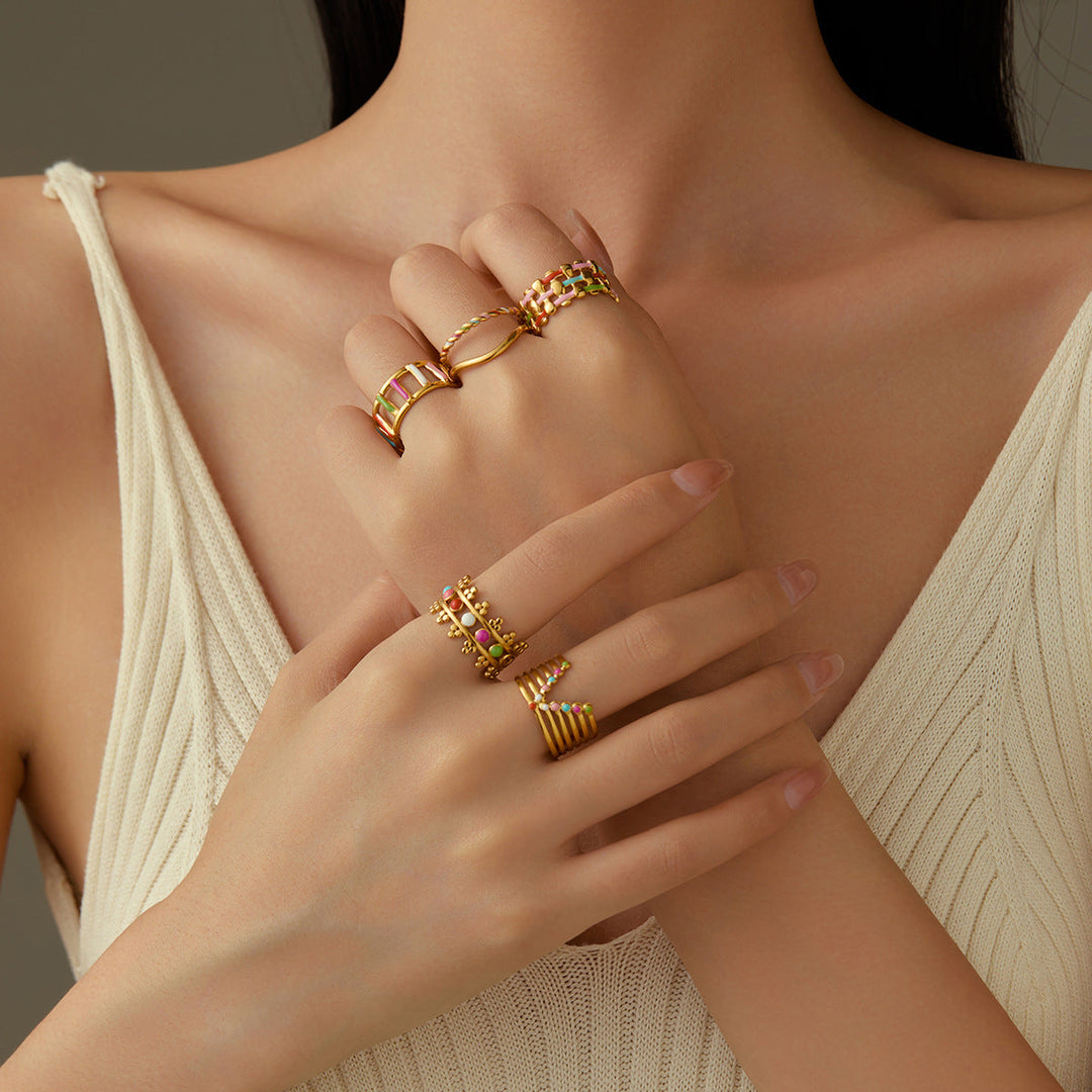 18K Gold Plated Stainless Steel Ring Women Geometric Abstract Colorful Oil Necklace Ring Ornament