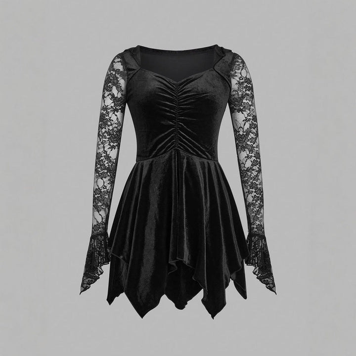 Gothic Vintage Lace Stitching Women Dress Gothic Bandage Ladies Long Sleeve Velvet Dress