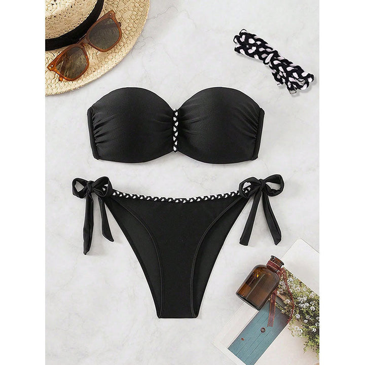Solid Color Tube Top Sexy Swimsuit Women Sexy Lace up Bikini Beach Swimming Two Piece Sets