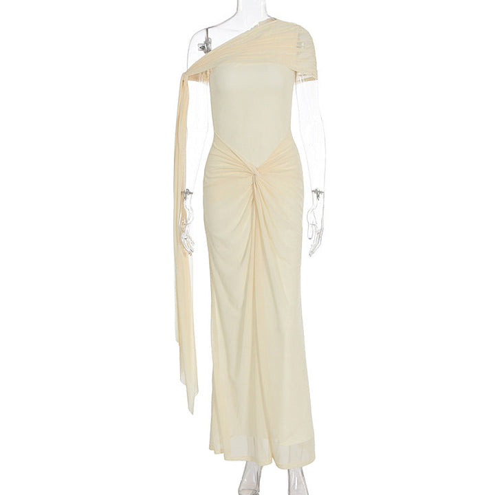 Women Clothing Oblique Shoulder Irregular Asymmetric Maxi Dress Pleated Slim Summer Dress for Women