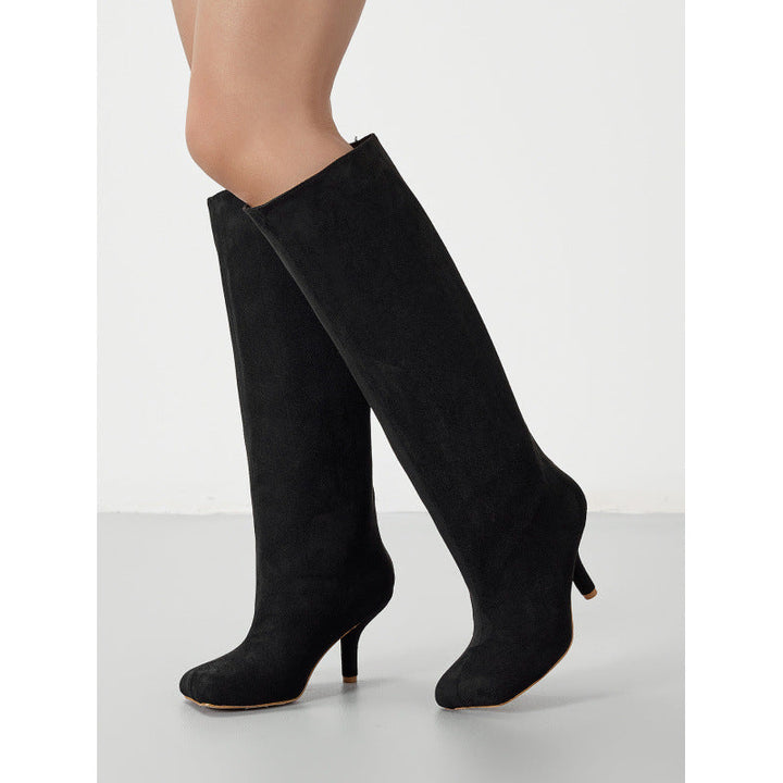 US Size Widen Women Knee High Suede Wide Calf Square Head Cover High Leg Boot