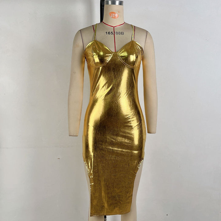 Women Clothing Autumn Bronzing Color Tube Top Sexy Waist Tight Hip Bag Irregular Asymmetric Spaghetti Strap Dress Women