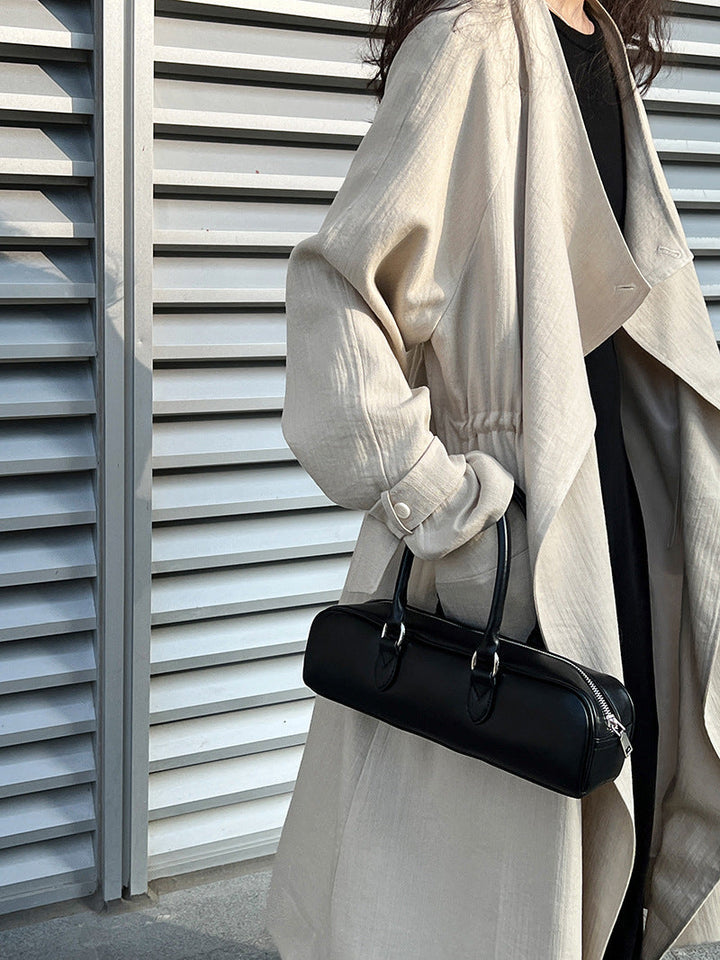 Chinese National below the Knee Trench Coat Women Mid Length Spring Drawstring Cotton Linen Coat