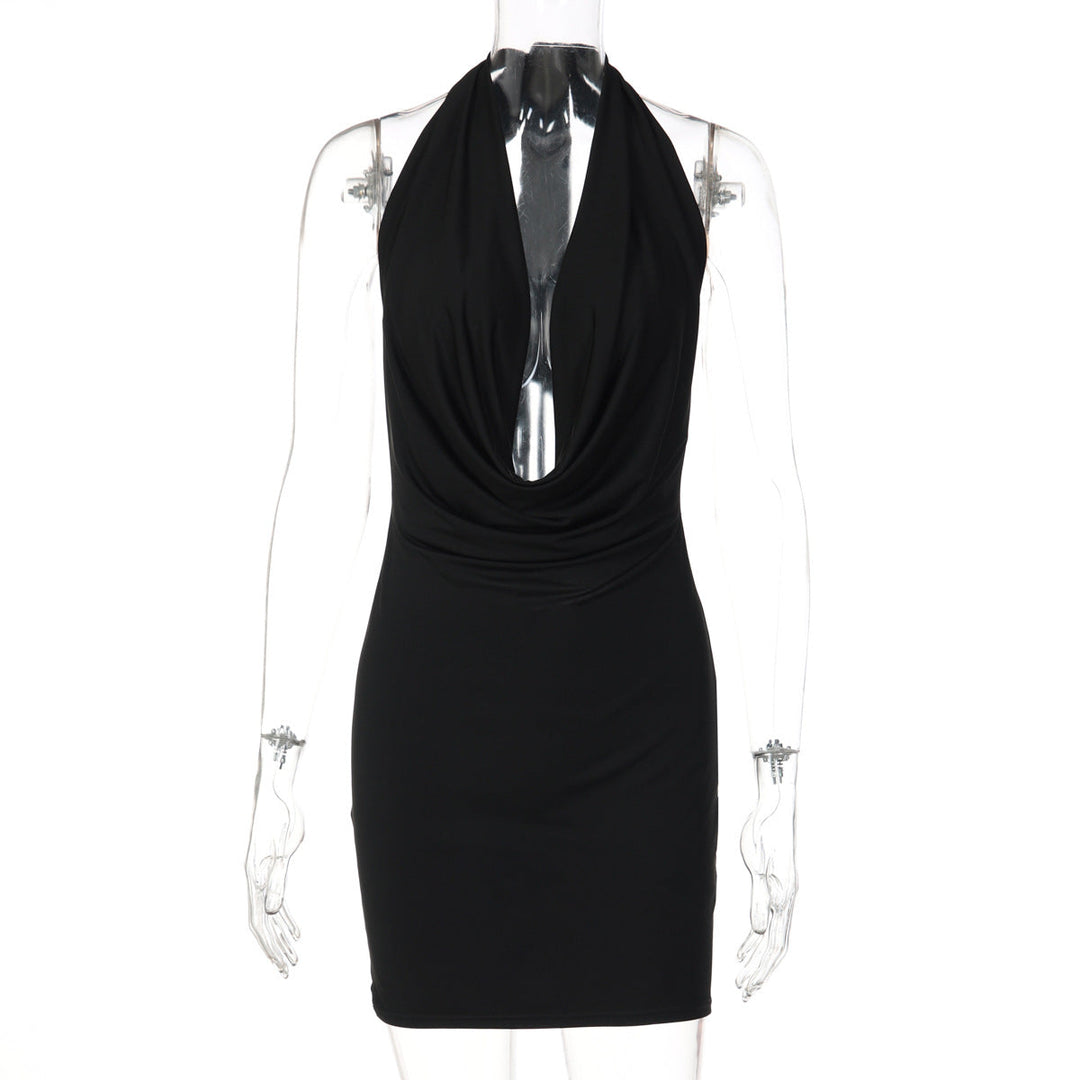 Women Solid Color Halter Deep V Plunge neck Backless Sexy Slim Hip Dress