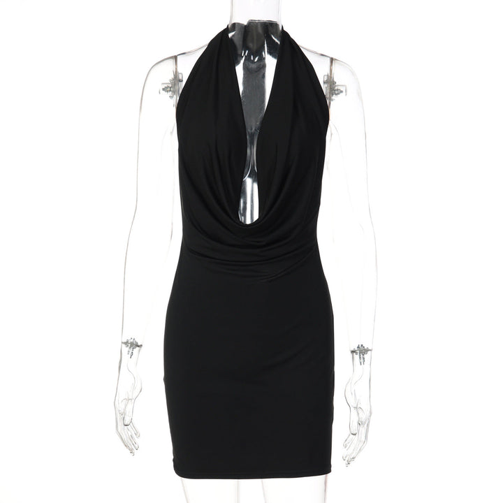 Women Solid Color Halter Deep V Plunge neck Backless Sexy Slim Hip Dress