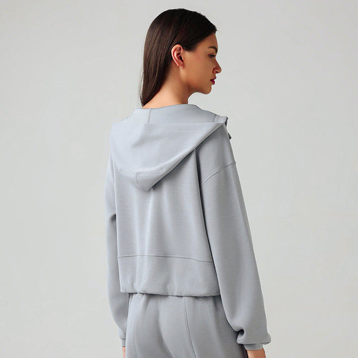 Hooded Zip Cardigan Coat Women Autumn Winter Loose Fitting Casual Pullover Running Fitness Sports Top