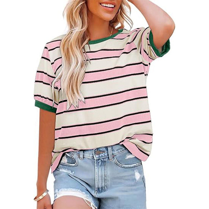 Summer Striped Loose Round Neck Short Sleeve T Shirt Women Casual Color Contrast