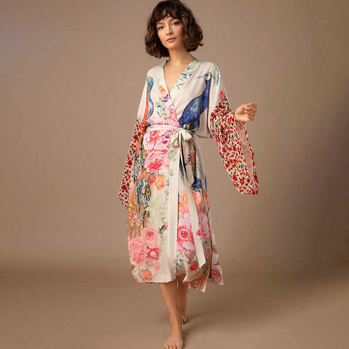 Peacock Positioning Printed Sunscreen Cardigan Seaside Vacation Baggy Coat Beach Cover Up Swimsuit Outwear Women