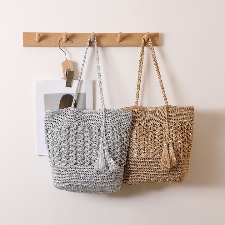 Large Capacity Hollow Out Cutout out Straw Bag All Matching Tassel Woven Bag Women Vacation Beach Bag Casual Shoulder Bag