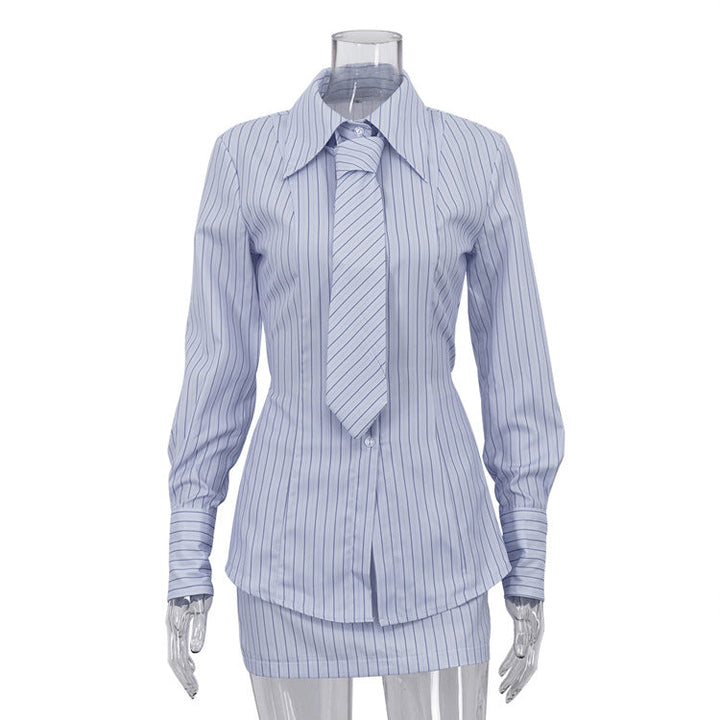 Printed Striped Tie Shirt Skirt Set Women Collared Long Sleeved Shirt Office Two Piece Set