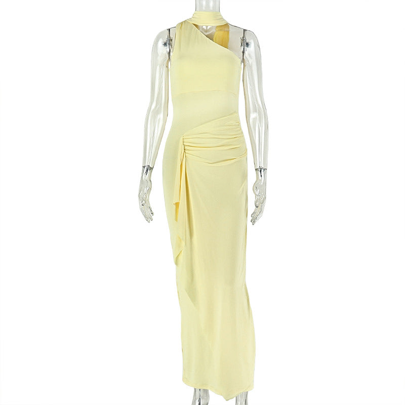 All Matching Graceful Women Pleated Slim Fit Sheath Dress Diagonal Collar Sleeveless Solid Color Dress