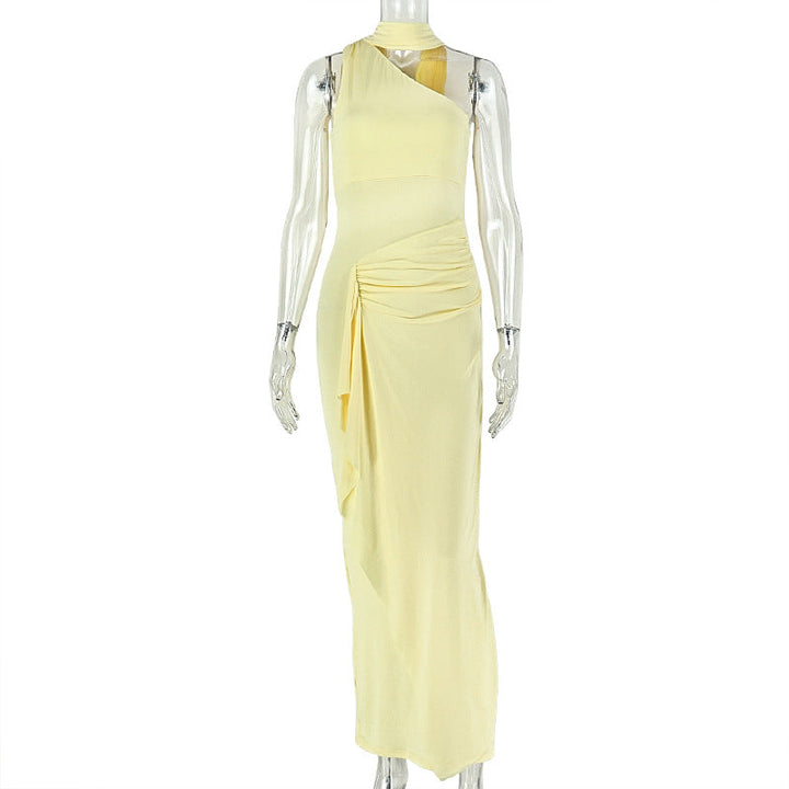 All Matching Graceful Women Pleated Slim Fit Sheath Dress Diagonal Collar Sleeveless Solid Color Dress