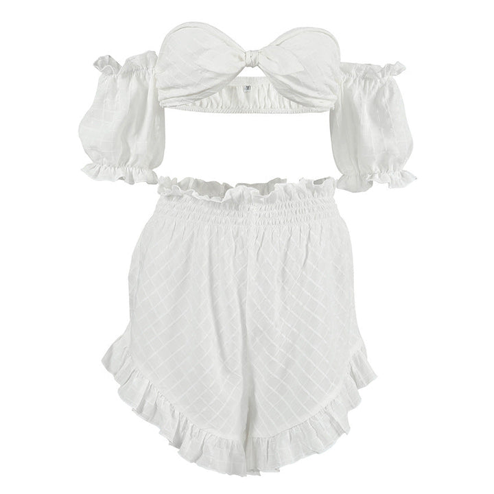 Sexy Summer Pajamas Plaid Retro off Shoulder Ruffled Shorts Two Piece Thin Ladies Homewear