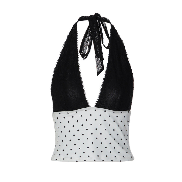 French Contrast Color V neck Halter Vest Summer Polka Dot Sexy Lace up Top