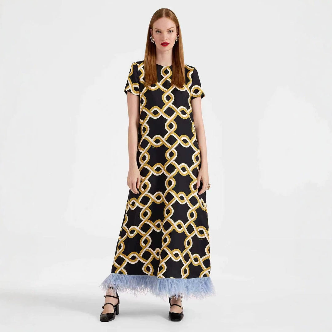 Spring Summer Satin Positioning Printed Feather Dress Short Sleeve Loose Dress for Women