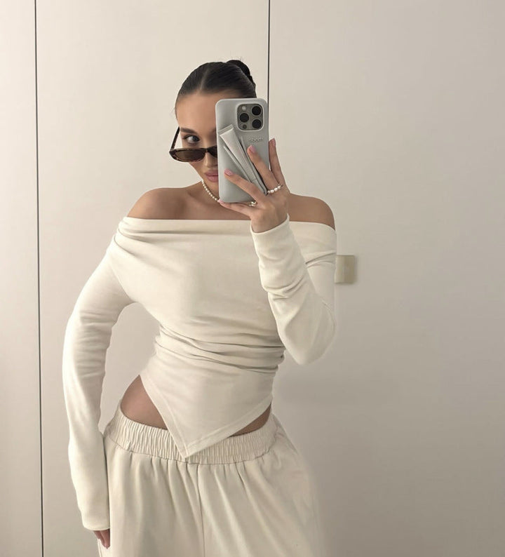 Fall off Neck Asymmetric Hem Long T shirt Straight Leg Trousers Casual Two Piece Sets