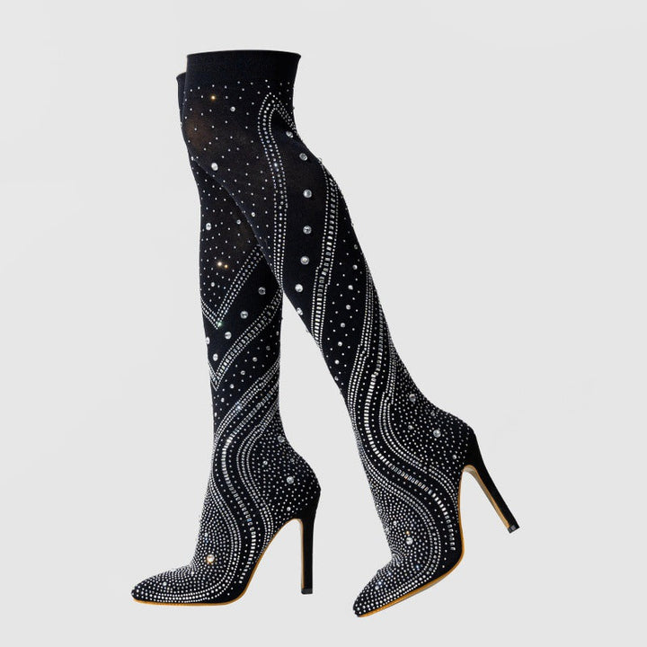 High Heel Pointed Toe Stretch Socks Rhinestone Pattern Stiletto Outdoor Sexy Women Shoes