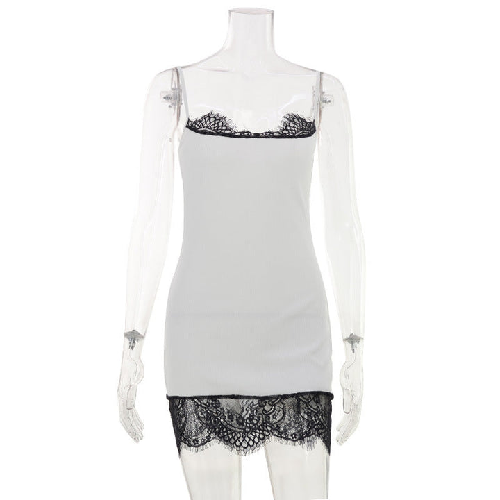 Sexy Women Dress Sexy Sleeveless Strap Solid Color Lace Stitching Sexy Dress