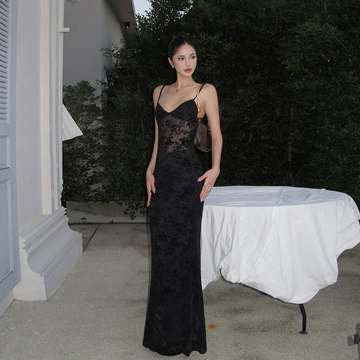 Spring Summer Women Mesh Sexy See through V neck Backless Slim Fit Sling Dress