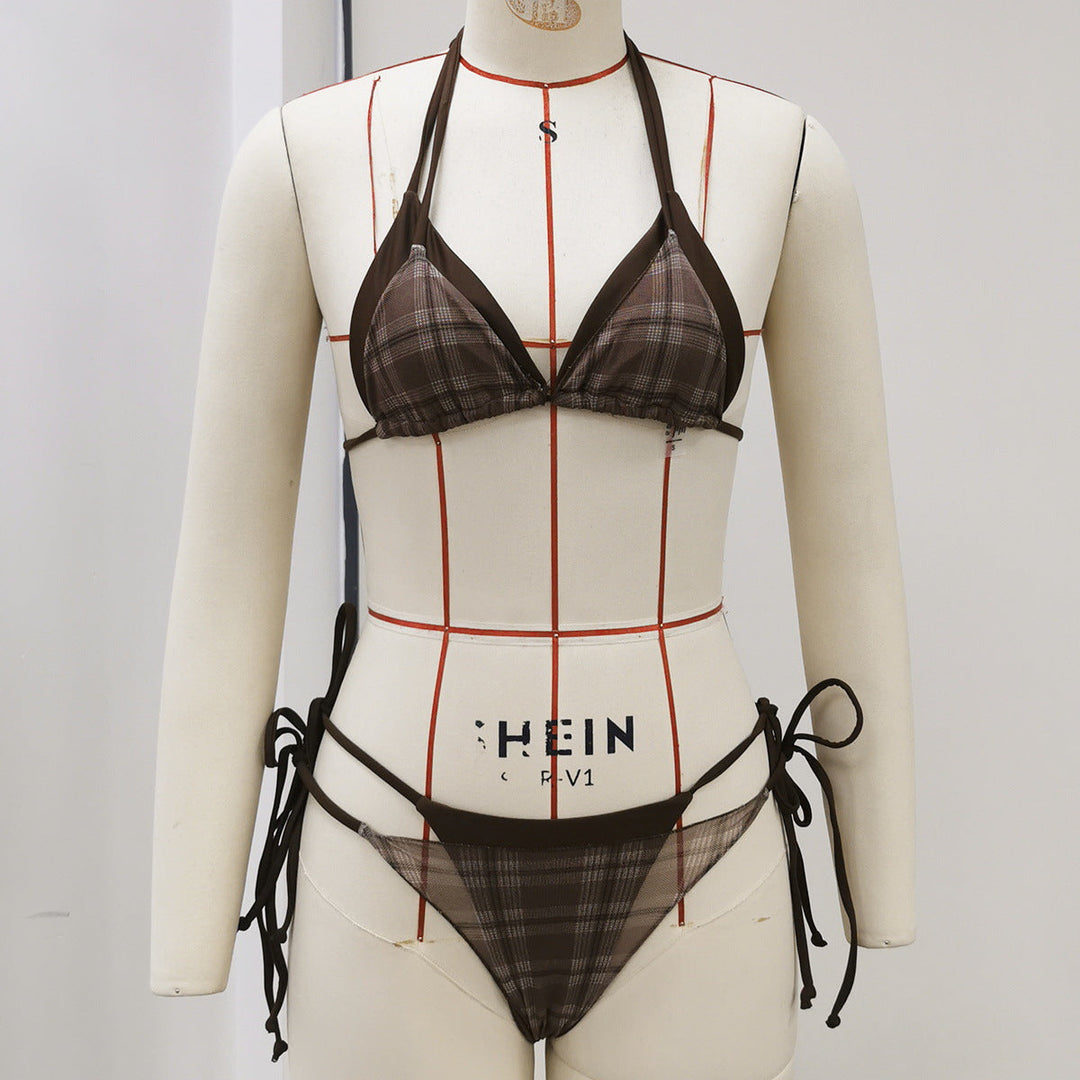 Three Point Solid Color False Two Piece Lace up Sexy Halter Bikini Split Swimsuit for Women