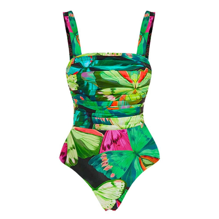 Butterfly Print One Piece Swimsuit Women Umbrella Skirt Sets