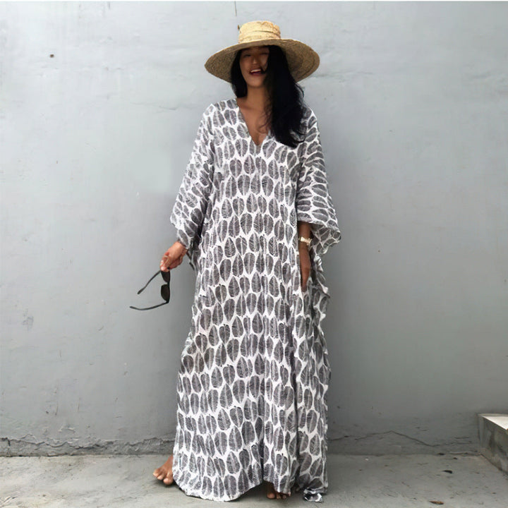 Beach Cover Up Front Back V Neck Loose Robe Seaside Vacation Skirt Bikini Sun Protection Shirt
