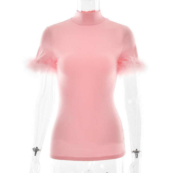 Summer Feather Sleeve Printed Design Women T shirt Slim Sexy Top
