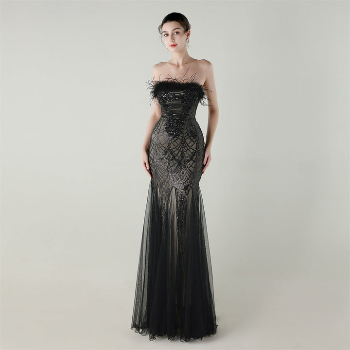 Sequin Beaded Tube Floral Ostrich Feather Tube Top Cross Strap Mesh Fishtail Evening Dress Cocktail Wedding
