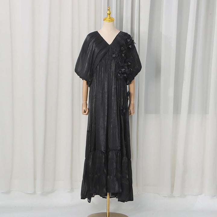 Romantic Vacation Maxi Dress Spring V neck Drop Shoulder Batwing Sleeve Stitching Three Dimensional Floral Dress