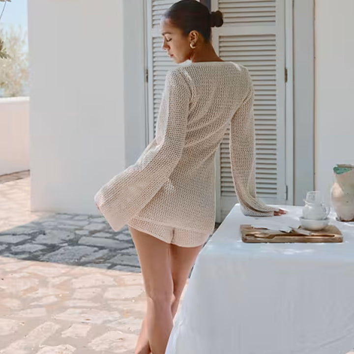 Beach Long Sleeved Cardigan Shorts Hollow Out Cutout out Strap Casual Knitted Vacation Sun Protection Blouse Two Piece Set