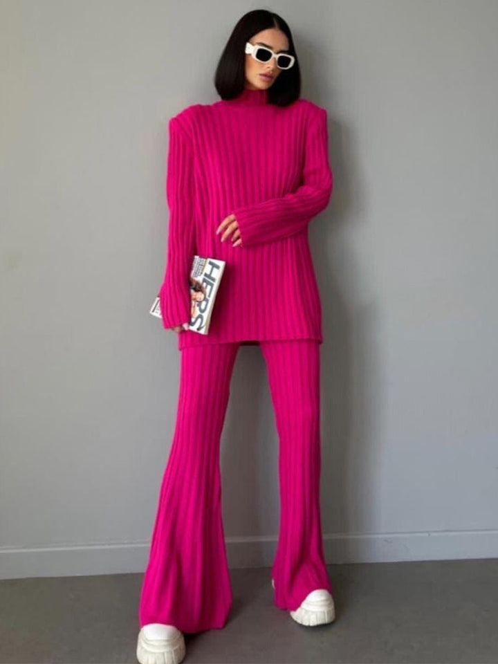 High Neck Ribbing Knitting Set Women Autumn Winter Pullover Sweater Pants Woolen Two Piece Set