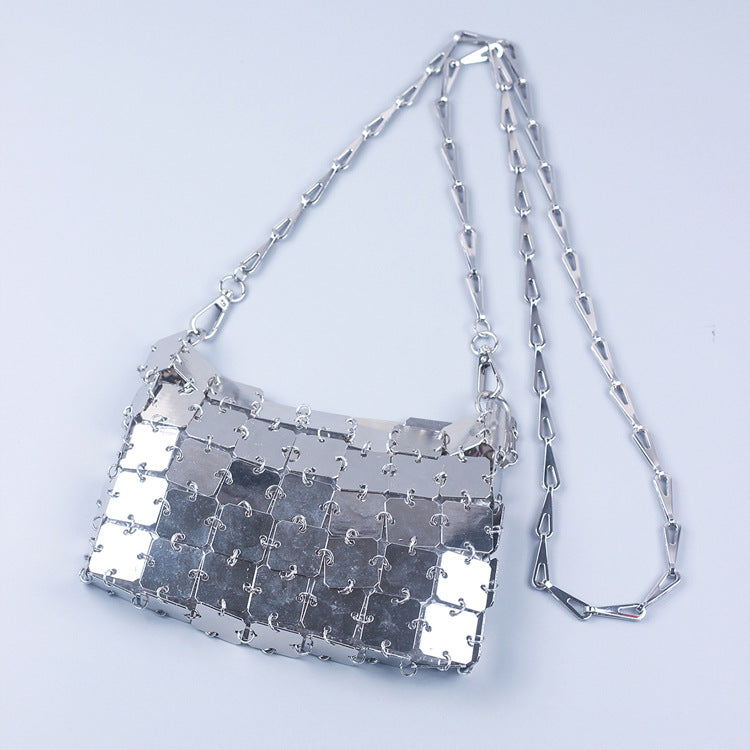 Hand Woven Gold Silver Color Square Sequ Large Future Sense Trendy Crossbody Chain Bag