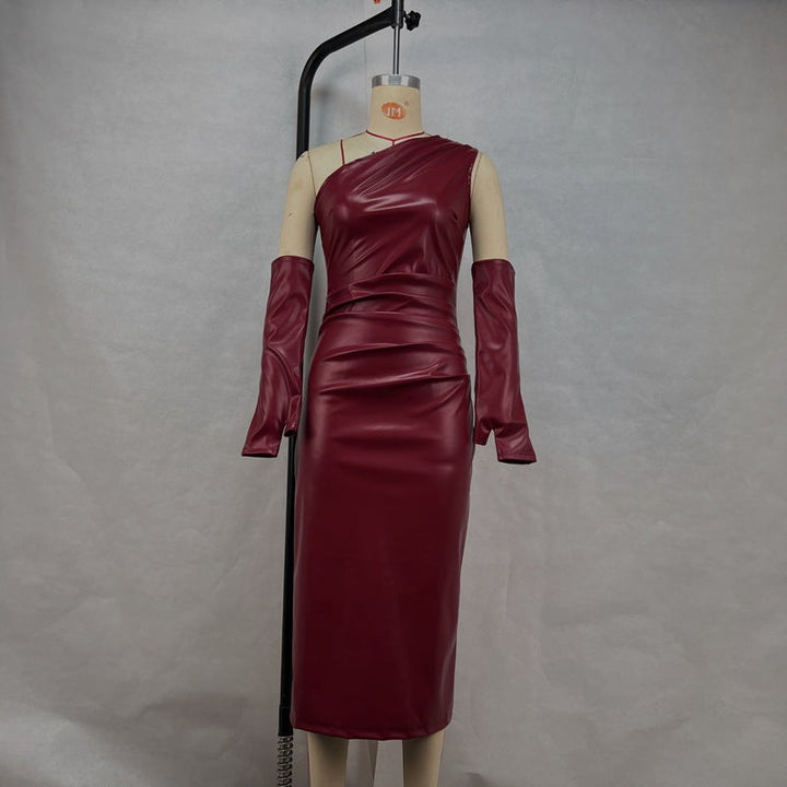 Crossbody Leather Dress Women Clothing Tight Wrapped Chest Pleated Sexy Sheath Split Dress