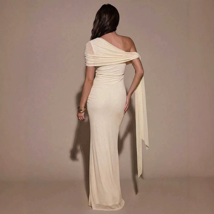 Women Clothing Oblique Shoulder Irregular Asymmetric Maxi Dress Pleated Slim Summer Dress for Women