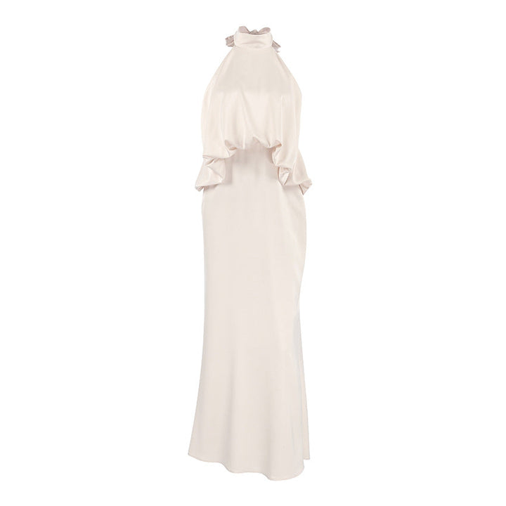 Satin Light Luxury Design Apricot Halter Lace up Backless Slim Fit Sleeveless Women Summer Dress