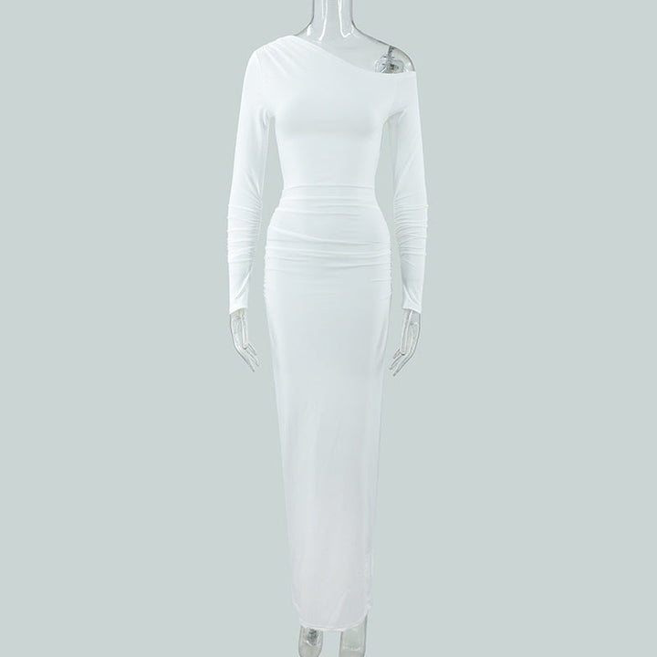Sexy Women Clothing Sloping-Shoulder off the Shoulder Long Sleeve Slim Fit Pleated Long Socialite Dress