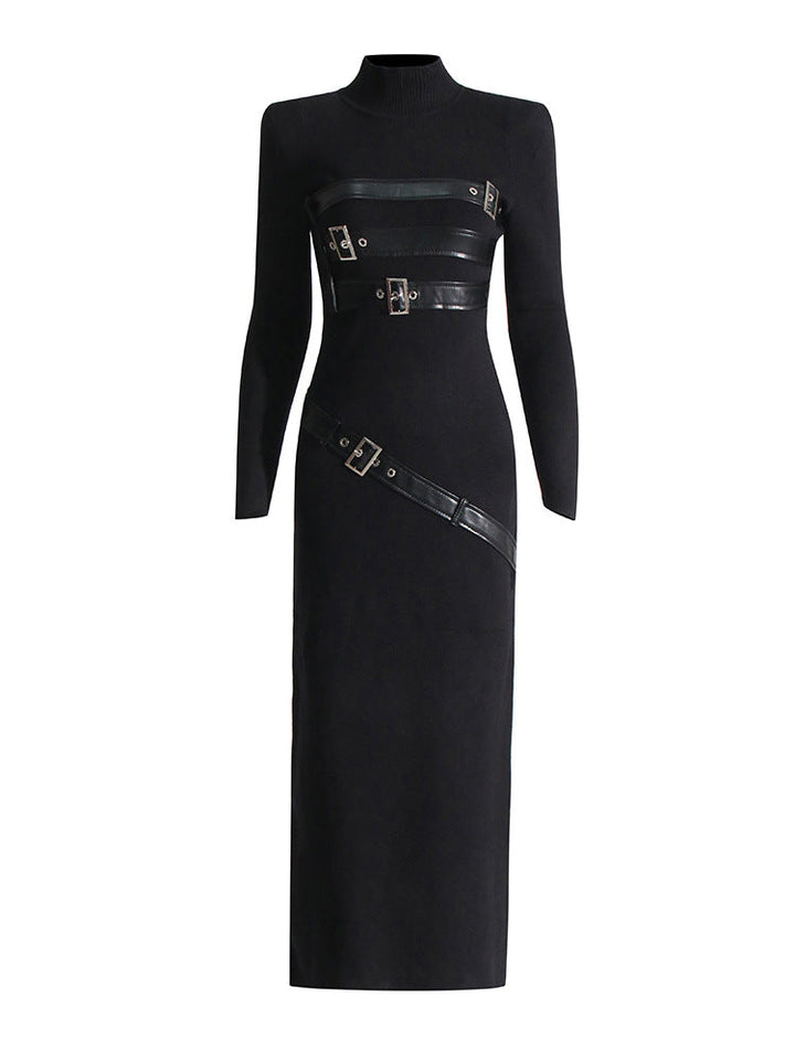 Turtleneck Solid Color Dress Spring High Grade Long Sleeve Split Metal Decorative Dress Women