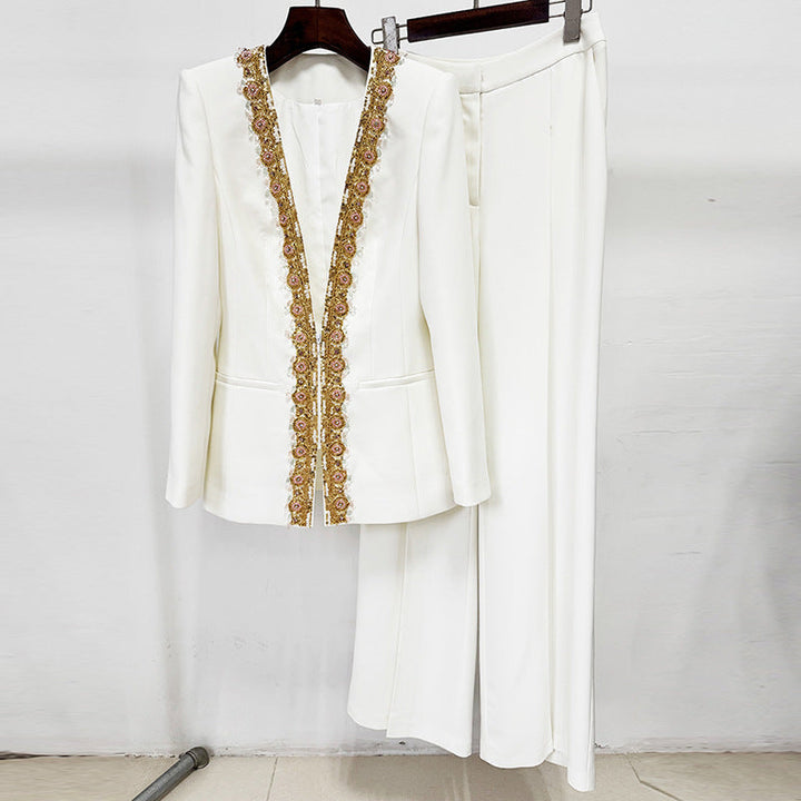 Heavy Embroidery Sequin Bead Diamond Jacket Coat Trousers Two Piece Sets