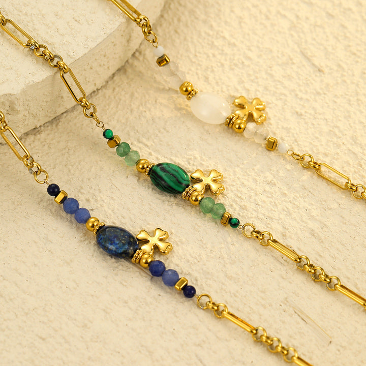 Stainless Steel Natural Stone Lapis Four-Leaf Clover Embellished Bracelet Women Titanium Steel Jewelry