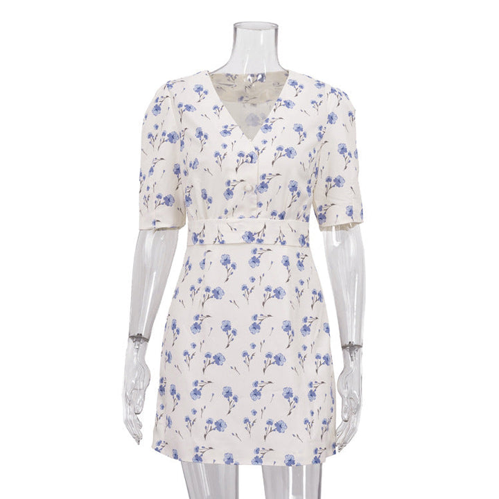 French Elegant Printed Short Word Dress Women V neck Short Sleeve High Waist Floral Dress