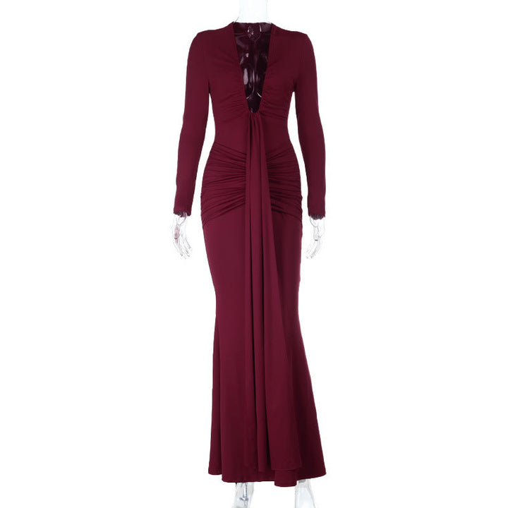 Deep Dress Sexy U Collar Slim Sexy Long Sleeve Dress Women