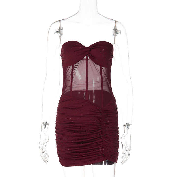 Women Clothing Sexy Mesh Stitching Hollow Out Cutout Slim Fit Rhinestone Ruffle Hip Dress for Women