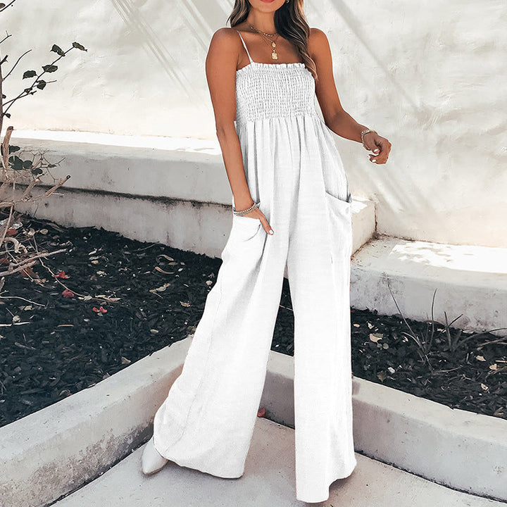 Women Clothing Solid Color Sling Pleating Casual Office High Waist Jumpsuit