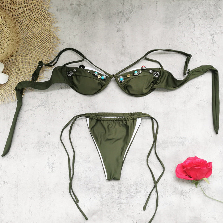 Solid Color Tube Top Sexy Lace up Push up Bikini Split Swimsuit