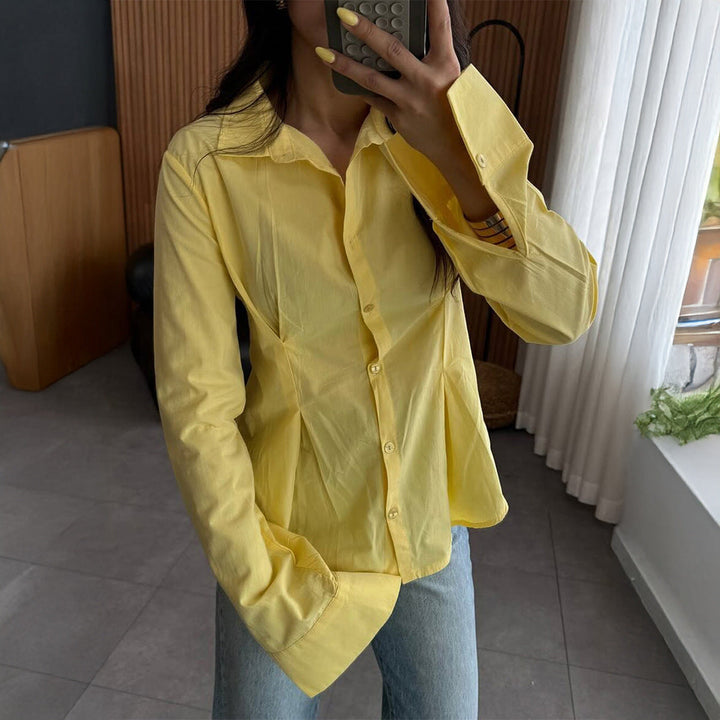Women Clothing Autumn Elegant Solid Color Buttons Long Sleeve Shirt Top
