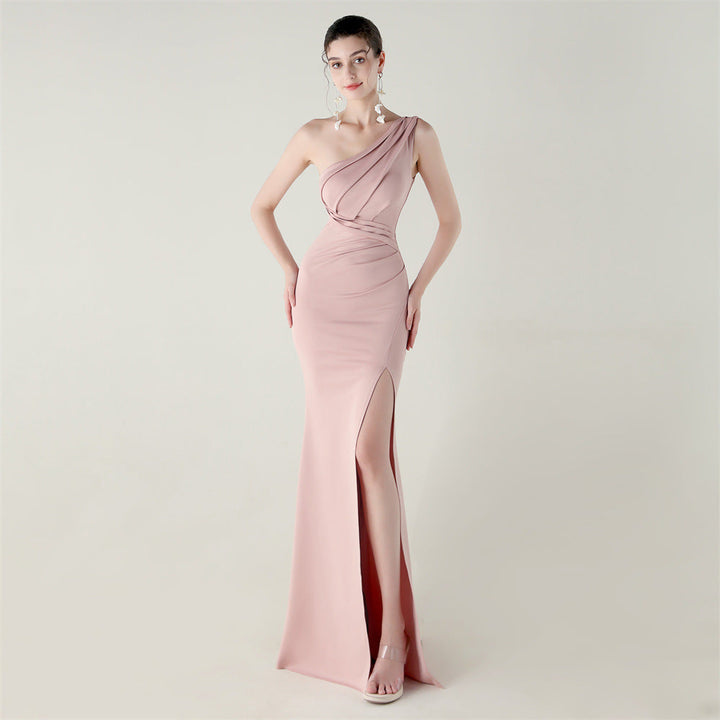 One Shoulder Slim Fit Satin Folding High Slit Sexy Evening Dress Fishtail Dress Dinner Wedding Social Networking