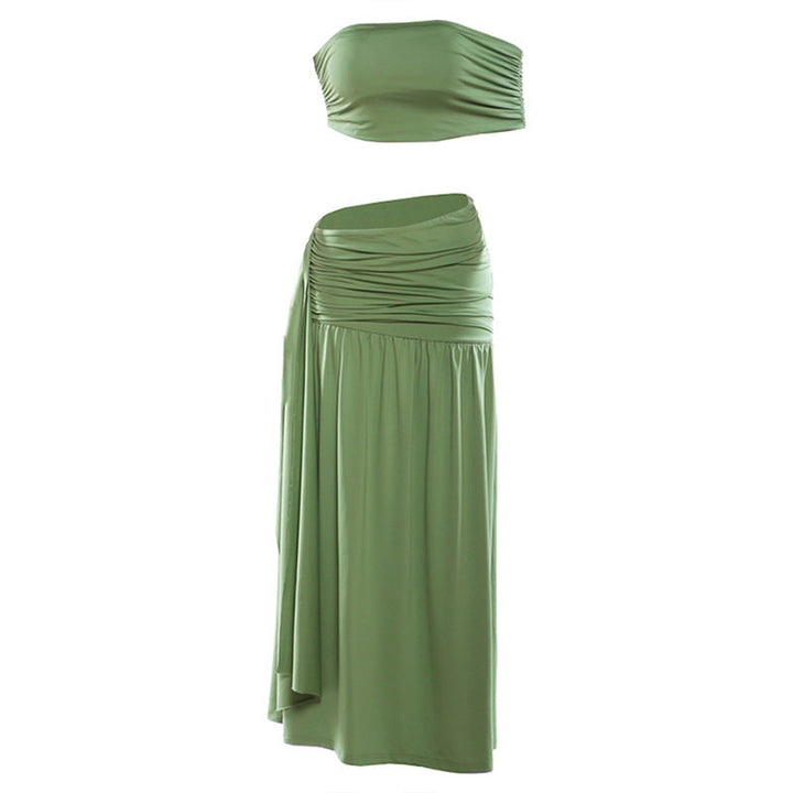 Women Clothing Spring Sexy Solid Color Tube Top Vest Slim Ribbon Pleated Skirt Sets