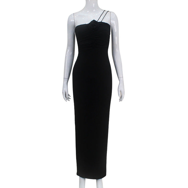 Women Clothing French Sexy Three Dimensional Floral Pleating Elegant Pure Hip Spaghetti Straps Dress